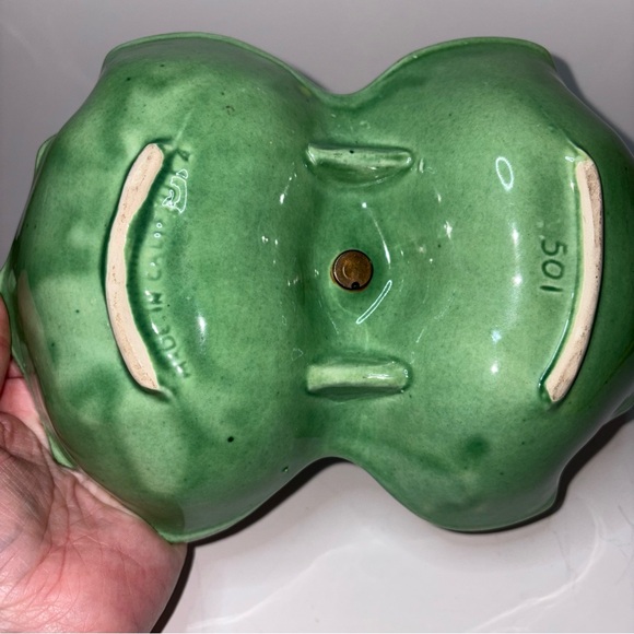 Vintage California Pottery Green Leaf Double Sided Serving Bowl MCM Handle Gold - Picture 6 of 10